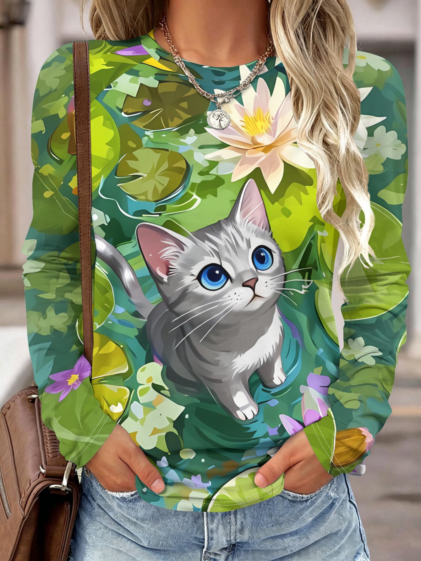 レディース 長袖シャツ ポケット付き 猫の3Dプリント ラウ - Wallpaper のレビューと価格